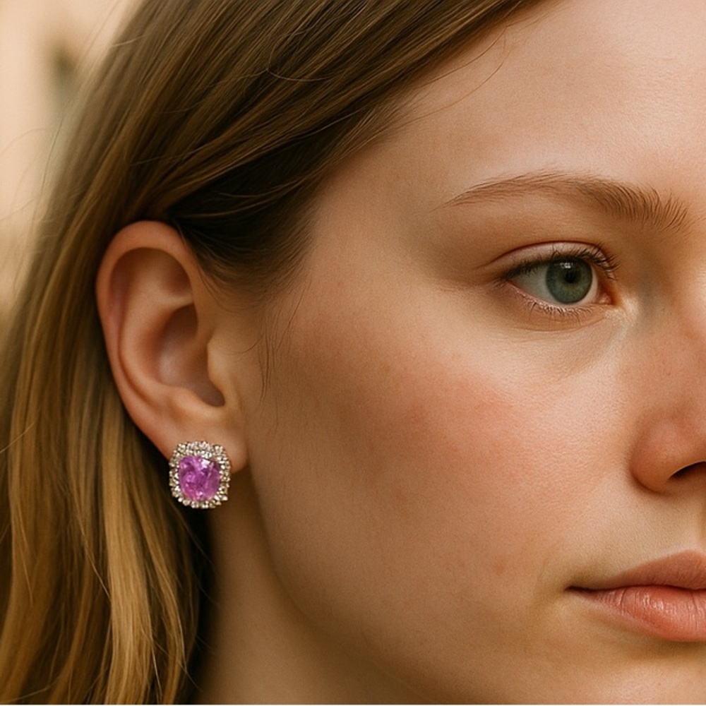 Elegant Pink rhinestones and Silver tone Stud Earrings
